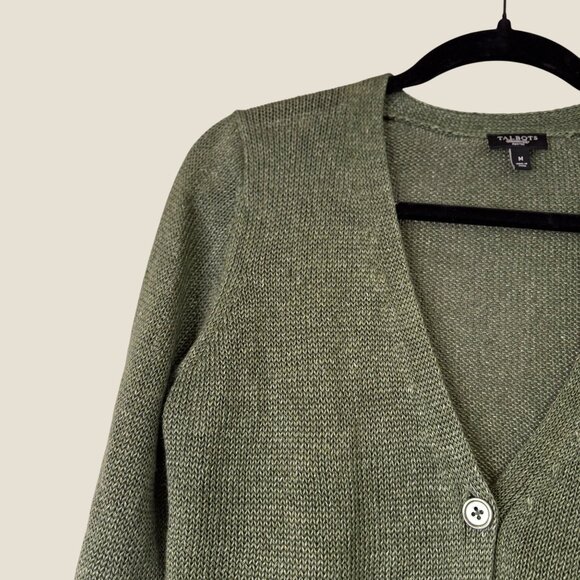 Talbots 100% Linen Green Loose Knit Button V Neck Cardigan 3/4 Sleeve Size M - Picture 3 of 8